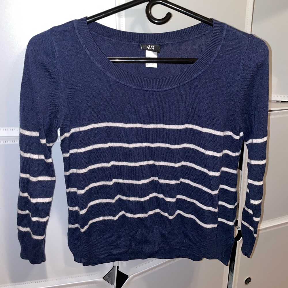 H&M small blue knit sweater with white stripes across